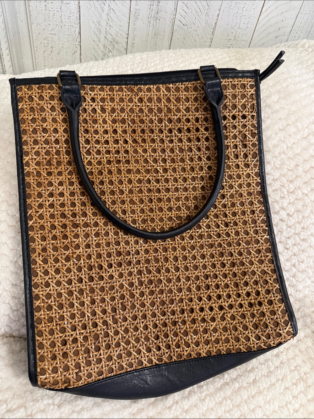 Vintage Rattan Woven Cane Webbing Spacious Black Leather border bag Clean